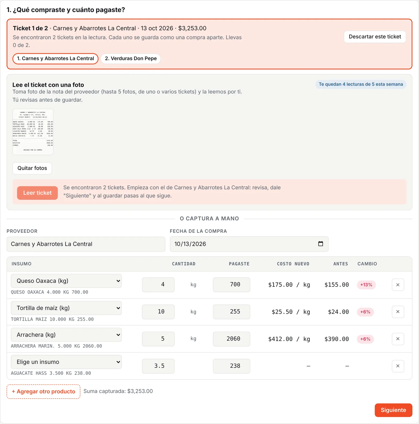 Insumetrix leyendo dos tickets de proveedores con sus productos, cantidades e importes