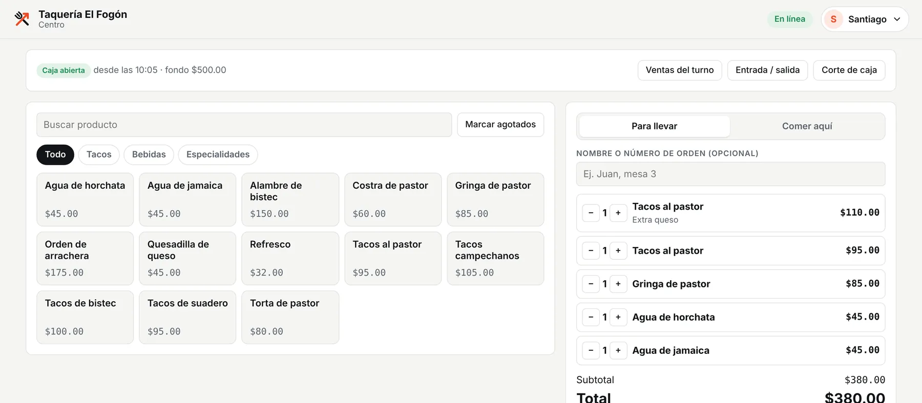Punto de venta de Insumetrix con productos por categoría y la orden con su total